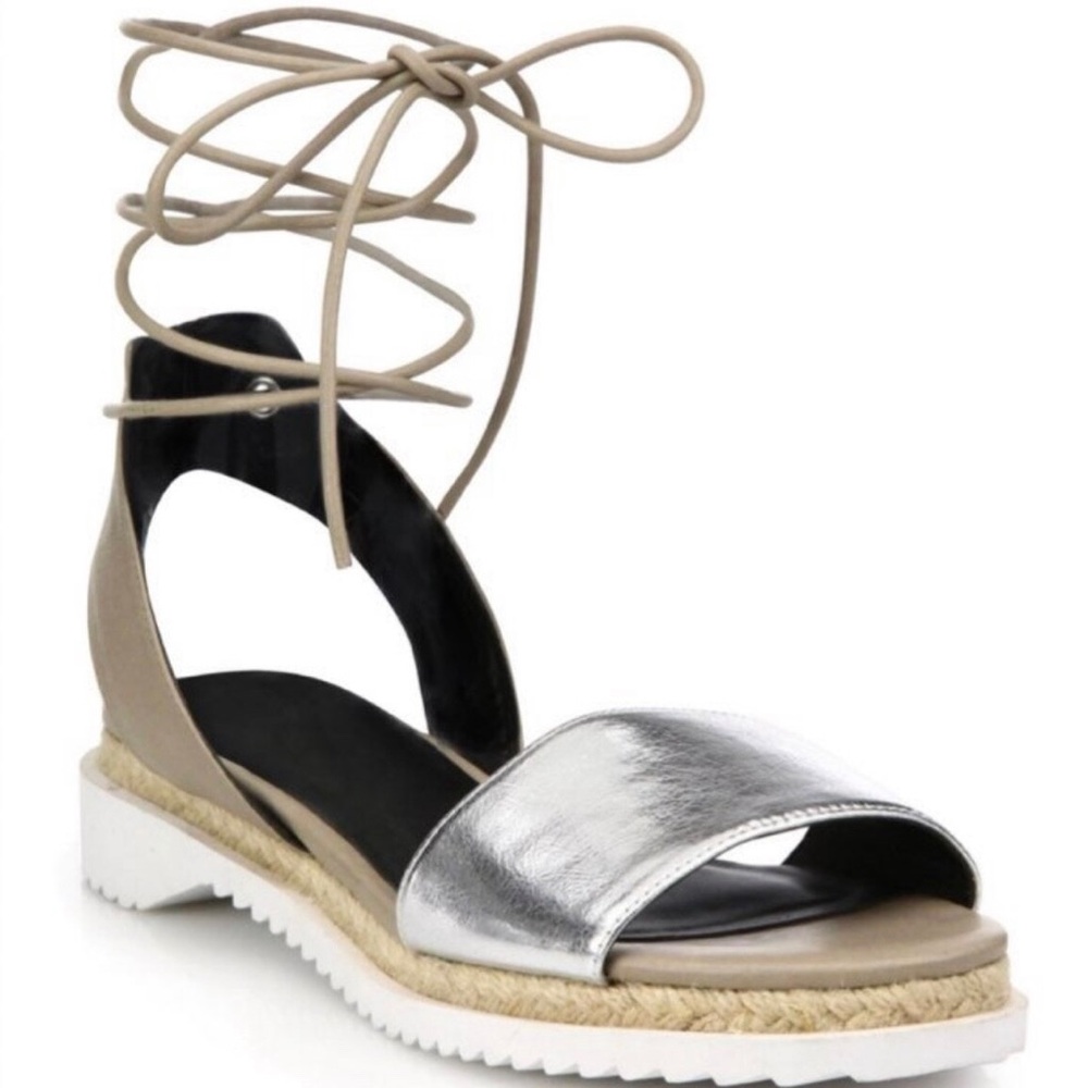 Rebecca Minkoff Lindy Leather metallic gold silver sandals sole Lace-Up 8.5